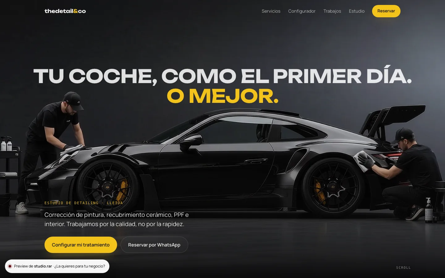 Portada de la web de ejemplo thedetail&co: un Porsche negro en el estudio y el titular «Tu coche, como el primer día. O mejor.»