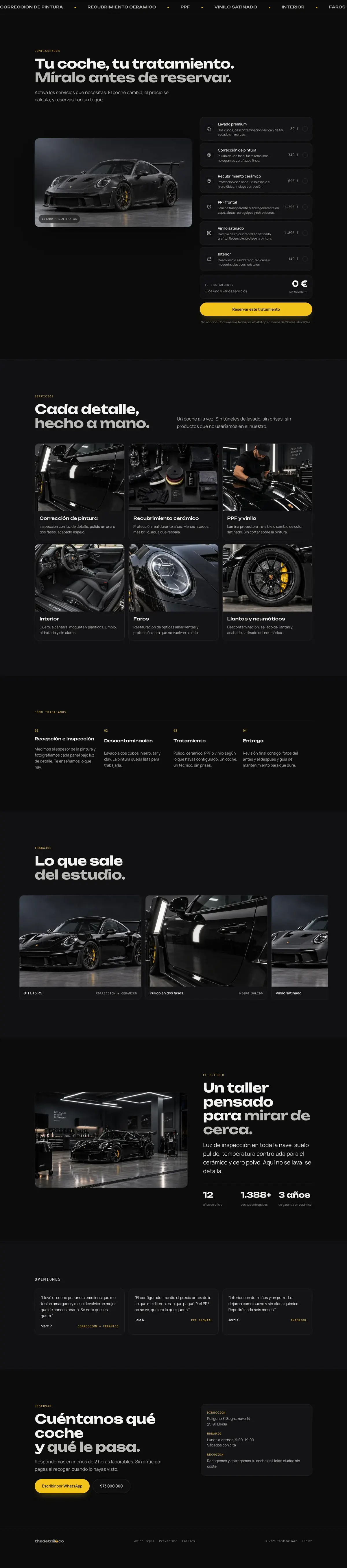 El resto de la web de ejemplo thedetail&co: configurador de servicios, trabajos, el estudio, opiniones y reserva.