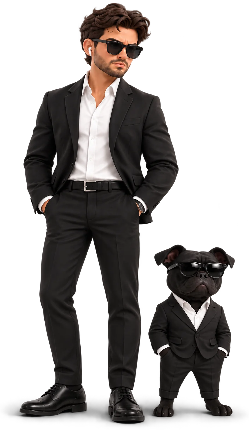 Alex y Urus en versión dibujo animado: los dos de pie, con traje negro y gafas de sol.
