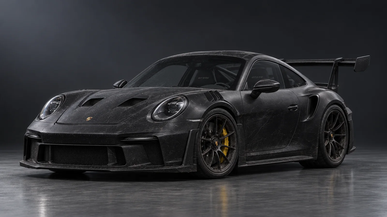 Porsche 911 GT3 RS negro sin tratar: pintura apagada y polvo.