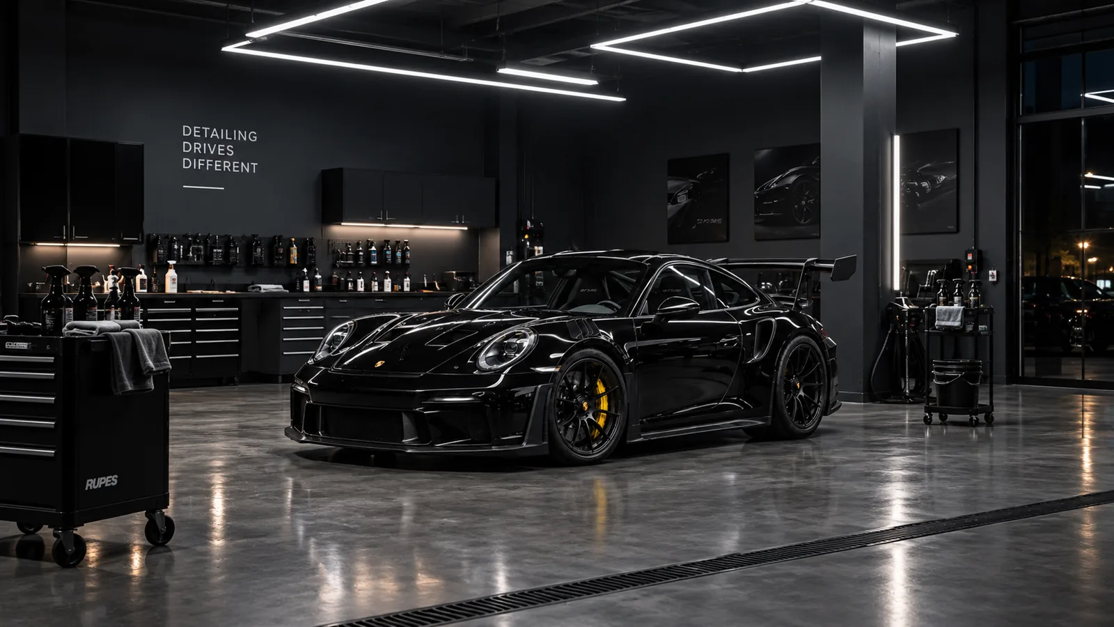 El estudio de thedetail&co: nave oscura con luz LED y suelo pulido.